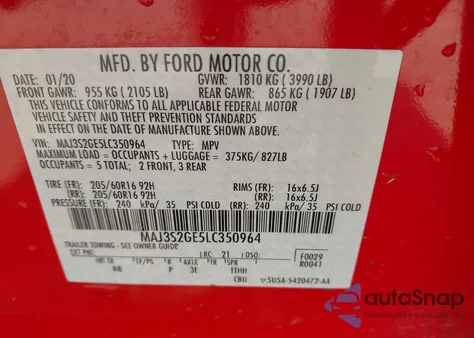 2020 Ford Ecosport Se z USA, uszkodzony, nr VIN MAJ3S2GE5LC350964